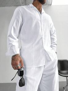 男士两件套 - 亚麻衬衫和抽绳长裤套装 | 轻盈透气休闲长袖沙滩度假套装 | 婚礼派对假日服装 | 送给丈夫、父亲的礼物，秋季服装，舒适套装 - 白色 - 查看 3