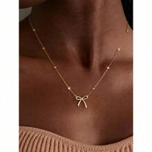 1pc Gold Bowknot Pendant Necklace - Stainless Steel Bead Chain For Women Girls, Minimalist Cute Dainty Jewelry, Fashion Versatile Elegant Layering Necklace, High-End Daily Wear Accessory For Dates, Perfect Birthday Holiday Gift