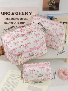 Pink Bow Pattern Cosmetics Storage Bag Large Capacity Travel Toiletry Bag Lovely Heart Print Makeup Bag Foam Quilted Travel Essentials Organizer Bag Cute Ribbon Bow Print Makeup Pouch Soft Fabric Skincare Storage Bag Small Items Storage Bag Soft Fabric Home Items Storage Bag Portable Cosmetics Organizer Bag With Zipper Make Up Holder Brush Bag - Pink - View 11