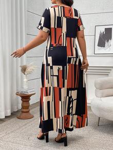 时尚休闲修身V领抽象几何印花优雅大码女装，适合日常穿着和夏季度假约会。 - 彩色 - 查看 3