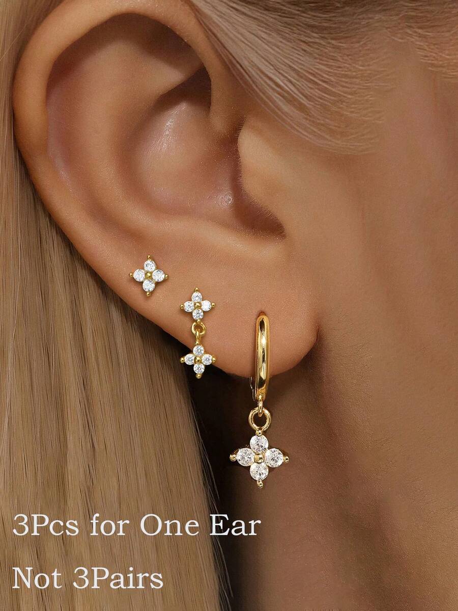 3件套14K镀金花朵吊坠耳环，精致小巧，可叠戴，适合多个耳洞，镶嵌可爱立方氧化锆花朵耳钉，轻盈低敏，耳骨耳环，女士/女孩饰品 - Gold-6# - 查看 1