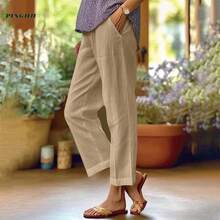 Straight Leg Linen Pants Women - 深卡其色 - 查看 1