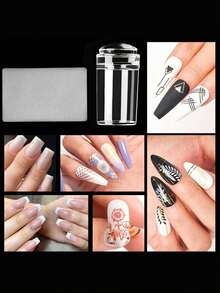 2pcs Transparent Nail Stamping Plates With Scraper - French Nail Jelly Silicone Stamp - Transparent Stamping Head With Scraper, Transfer Tool, Manicure Kit - Nail Stamping Tool Set - Easy To Use And Durable