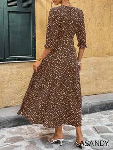 Women's Deep V-Neck Polka Dot Mid-Sleeve Button Front Casual Dress Elegant Summer - Coffee - View 2