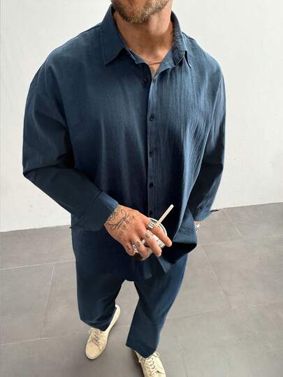 Ținute din 2 piese pentru bărbați, set cămașă și pantaloni din in stil Old Money, top 100% bumbac respirabil, mânecă lungă, cu nasturi și talie elastică, pantaloni sport, lenjerie de casă casual pentru birou, cadou pentru el, albastru închis, haine de toamnă, ținute confortabile