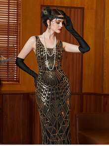 1920s Vintage Sequin Beaded Dress, Plus Size Black With Gold, Suitable For Parties, Weddings, Guest Occasions - Black - View 6