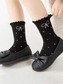 5双春秋冬儿童袜子，黑色，白色，灰色，波点，蝴蝶结袜子，百搭，休闲运动女童袜 - 彩色 - 查看 5