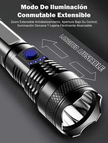 Linterna táctica de alta potencia con largo alcance, luz LED con pantalla LCD de visualización de alimentación, recargable por USB, con zoom telescópico, linterna para camping - Negro - Ver 6