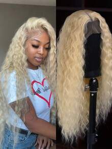 13X4 Free Part Blonde Loose Curly Synthetic Lace Front Wigs Pre Plucked Hairline Soft Long Deep Wave Wigs Glueless Blonde Loose Water Wave Wigs Soft Loose Curls Wig Heat Resistant HD Lace Front Wigs For Women Girls Party Daily Wear - Gold - View 4