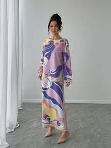 一件女士宽松印花长款连衣裙，紫色图案，奢华休闲度假装，长袖圆领优雅卡夫坦长袍，传统阿拉伯长袍，正式晚礼服，开斋节春季 - 紫色 - 查看 4
