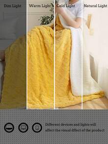 1 件黄色涤纶夏尔巴双面毛毯，纯色波浪图案双层毛毯，适合所有季节，温暖柔软，简约时尚床毯，适用于卧室、沙发、办公室、沙发床 - 黃色 - 查看 8
