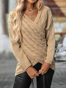 كنزة صوفية نسائية رومانسية أنيقة بياقة على شكل حرف V للمقاسات الكبيرة