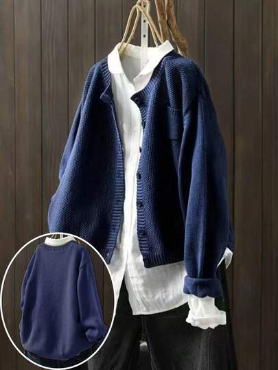 大码休闲圆领长袖针织开衫，秋冬季开斋节