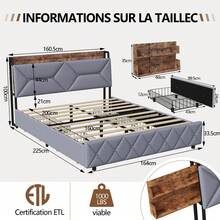 Cama doble 140/160x200 cm, estructura de cama con cabecero con canapé y 4 cajones, somier de láminas, cama doble para adolescentes, adultos, (lino gris)