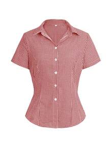 Sunny Girly Spring Valentine's Day Women's Wear Y2K Back To School Season Cotton Fitted Lapel Short Sleeve Shirt With Buttons, Red Checkered College Style Top - Burgundy - View 3