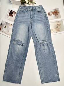 Women's Autumn Clothing Daily Match: Ripped Washed And Bleached Loose Straight Jeans