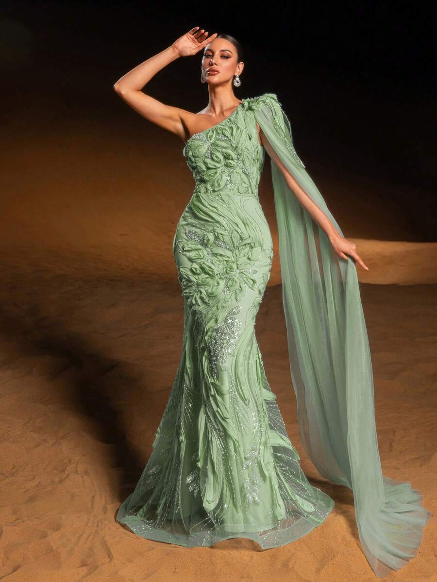 GIFORU 奢华薰衣草色单肩晚礼服 - 优雅花卉水晶串珠雪纺披肩，适合红毯盛典、白色礼服、新年优雅派对、高贵长款毕业礼服、闪亮礼服等场合。