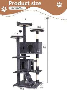 Tree Tower Indoor Cats, 53.9in Multi-Level Furniture Activity Center, House With Sisal Scratching Post, Large Dual Condo, Climbing Ladder, Plush Toy Kitten - 灰燼 - 查看 10