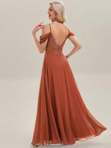 EVERPRETTY Elegant Solid Color V-Neck Pleated Applique Dress, Suitable For Bridesmaid, Wedding, Birthday, Formal Events, Parties, Spring/Summer - Burnt Orange - View 3