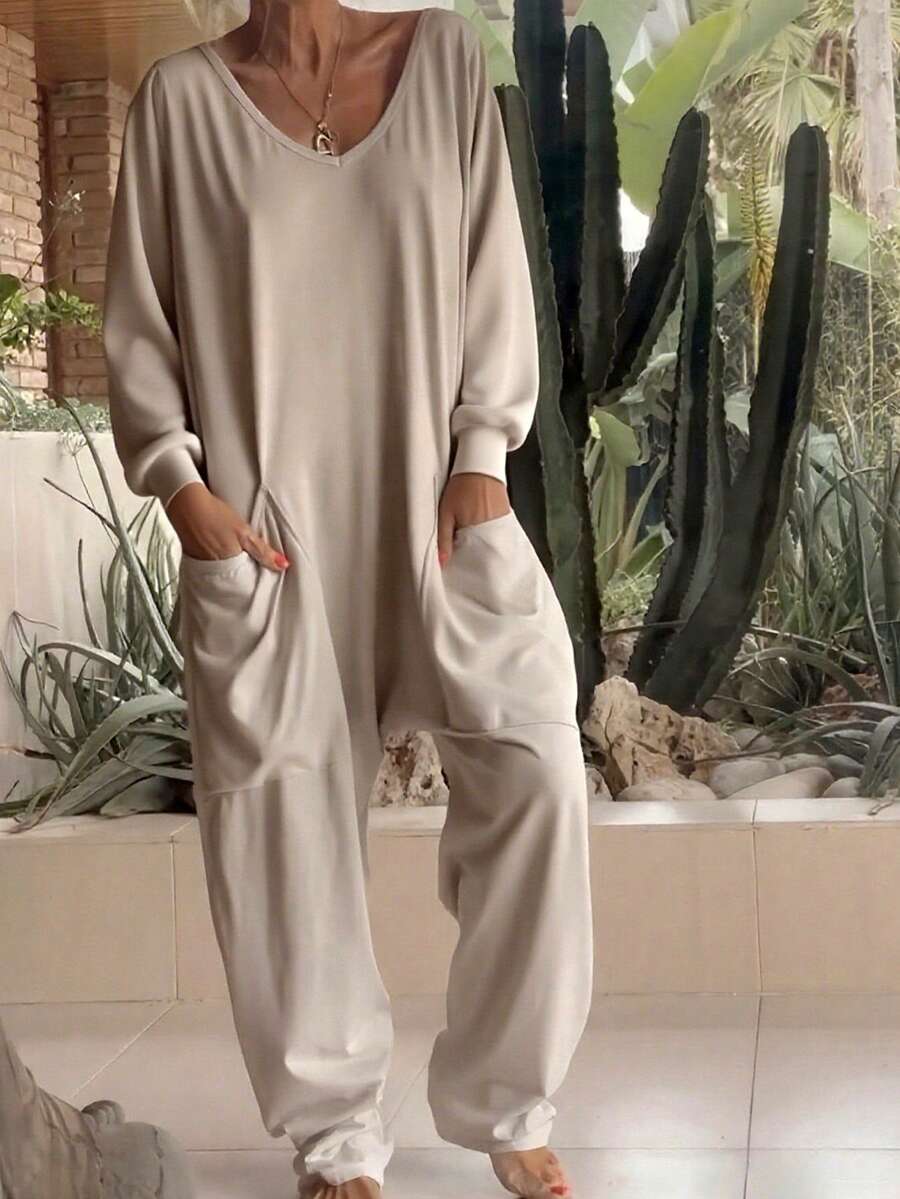 1 Stück einfarbiger gestrickter Jumpsuit mit Taschen, Langarm, geeignet für Feiertage, Hochzeiten, Urlaub, Lässig Alltag, Herbst/Winter