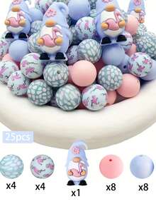 25 件硅胶珠组合 - 粉彩海滩侏儒和花卉设计工艺珠，适用于珠宝制作、DIY 手链、项链、钥匙扣 - 耐用光滑质地珠子，带有贝壳和雏菊图案，异想天开的手工工艺品用品，珠宝制作配件，钥匙扣配件，俏皮珠子设计 - 彩色 - 查看 9