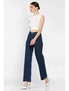High Waist Stretchy Women Jeans Pants, Solid Color Pockets Button Zipper, Casual - Navy Blue - View 4