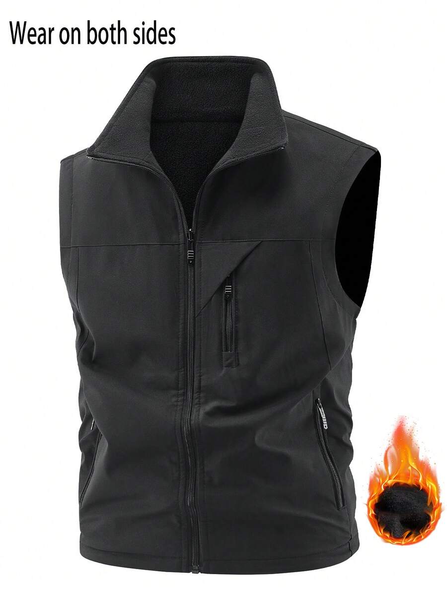 秋冬季多功能背心，双面可穿，多口袋，摄影/钓鱼/户外无袖外套，保暖内衬，加厚款 - 黑色 - 查看 1
