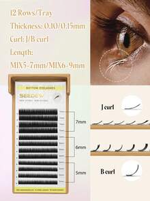 1pc 12rows J Curl Short Lashes Bottom Lash Under Eyelash Extensions 0.20mm 0.10mm 0.15mm B Curl 5mm 6mm 7mm 8mm 9mm SEEDEW Classic Individual Eyelash Extension Lashes Matte Black Professional Soft Natural - 黑色 - 查看 2