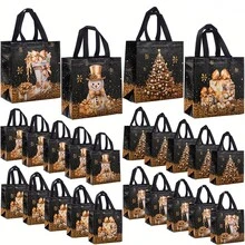 4/8/12 pièces Sacs-cadeaux de Noël festifs - Bonhomme de neige, sapin et motif chaussette, noir et doré avec anses, sacs fourre-tout en non-tissé pour fêtes de Noël, sacs-cadeaux de Noël