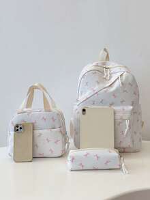 Bộ 3 món phong cách sinh viên thường ngày in hình nơ, bao gồm ba lô, túi đựng cơm trưa, túi đeo chéo và hộp bút có ngăn đựng laptop, dây đeo có thể điều chỉnh, nhiều ngăn dung tích lớn, bộ ba lô đa chức năng, phù hợp cho nữ/bé gái/thanh thiếu niên/sinh viên đại học/sinh viên tốt nghiệp sử dụng hàng ngày/kỳ nghỉ/du lịch/trở lại trường, ba lô nơ dễ thương, nơ, Kawaii - trắng - Xem 2
