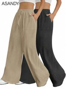 2pcs/Set Casual Loose Straight Leg Pants, Drawstring Waist Wide Leg Trousers, Solid Color Summer - Khaki+Black - View 3