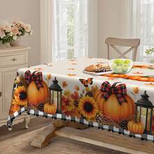 1 pezzo Tovaglia autunnale per il Ringraziamento, copritavolo da pranzo a tema raccolto: decorazione vintage con fiocco, zucca, girasole e foglia d'acero, abbinata a plaid bianco e nero, in tessuto di poliestere con bordo in pizzo, disponibile in formati rettangolari e rotondi, adatta per interni ed esterni, stile fattoria per cucina e sala da pranzo, regalo per il Ringraziamento, tovaglia domestica lavabile in lavatrice e durevole - Multicolore - Visualizzare 6