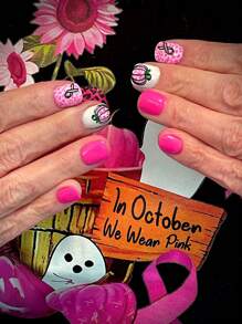 24 Peças Unhas Curtas Adesivas Criativas Rosa Abóbora, Fita Rosa, Unhas Postiças de Verão, Adequadas para Uso Diário, Suprimentos de Unhas Adesivas