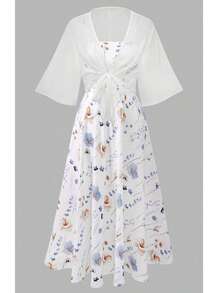 2 Pieces Women's Floral Chiffon Dress & Elegant Romantic Date Outfit