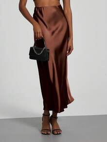 Se-Helo 时尚女士弹力缎面质感缎面长裙 - 栗棕色 - 栗棕色 - 查看 4