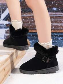 2025 Kids Thick Sole Anti-Slip Warm Lining Snow Boots, Solid Color Fluffy Trim Short Shaft High-End Design Thick Bottom Snow Boots, Warm Fuzzy Collar Flat Casual Slip-On Shoes With Decoration