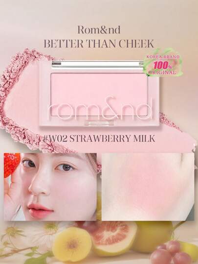 Rom&nd Romand BETTER THAN CHEEK W02 STRAWBERRY MILK, Acabado mate que se funde con la piel, crema-polvo aterciopelada, efecto degradado alegre, iluminación cálida de la piel, resistente al aceite, piel seca, brillo en 5 segundos, iluminador para el área del ojo, estuche con estampado degradado, guía de intensidad de color, K-Beauty, maquillaje coreano, 4g/0.14oz