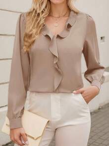tooluck Women's Solid Color Casual Elegant Ruffle Pocket Zipper Office Shirt - Khaki - View 1