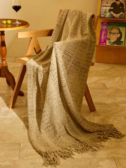 Cirelle 带流苏的舒适针织盖毯 - 柔软、轻盈、温暖 - 非常适合沙发、床和旅行 - 卡其色和奶油色农舍风格
