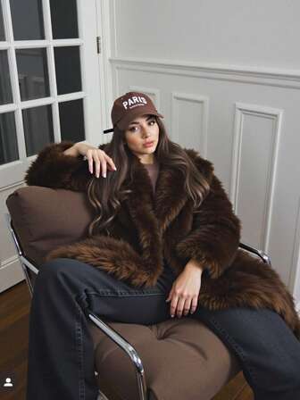 1pc Women Faux Fur Long Coat, Solid Color Fuzzy Fleece Jacket Suitable For Daily Wear In Winter