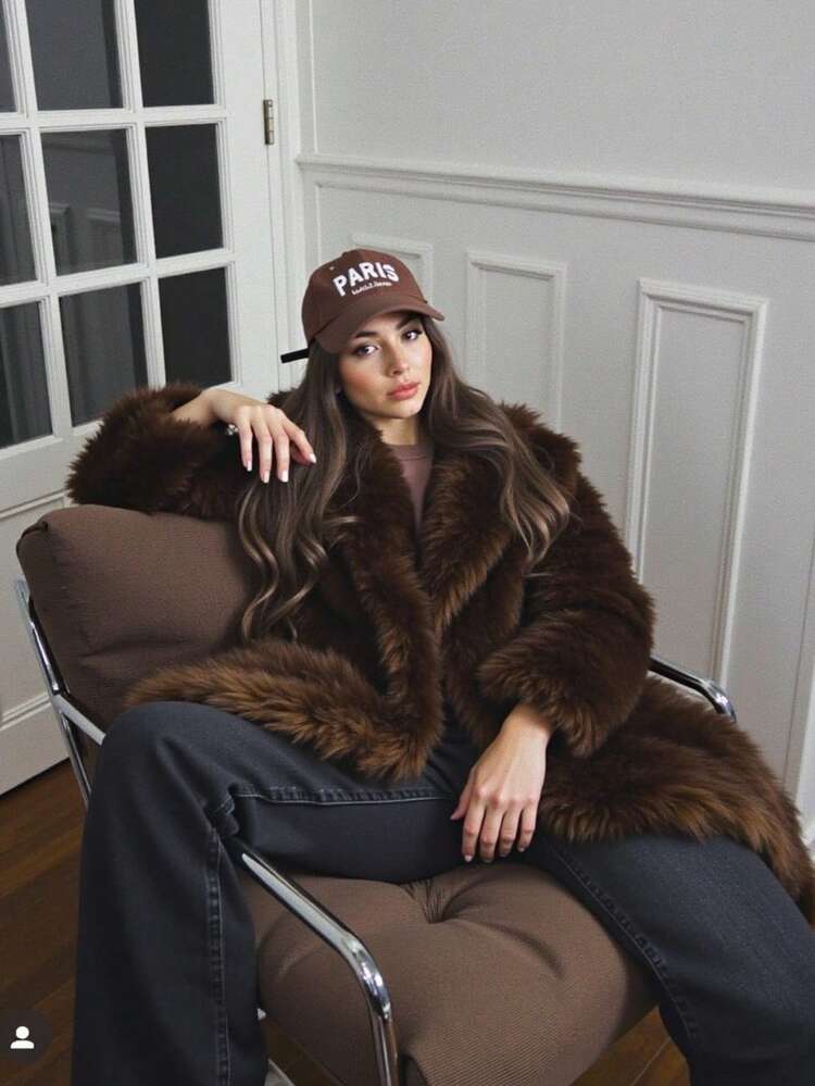 1pc Women Faux Fur Long Coat, Solid Color Fuzzy Fleece Jacket Suitable For Daily Wear In Winter - Coffee Brown - View 1