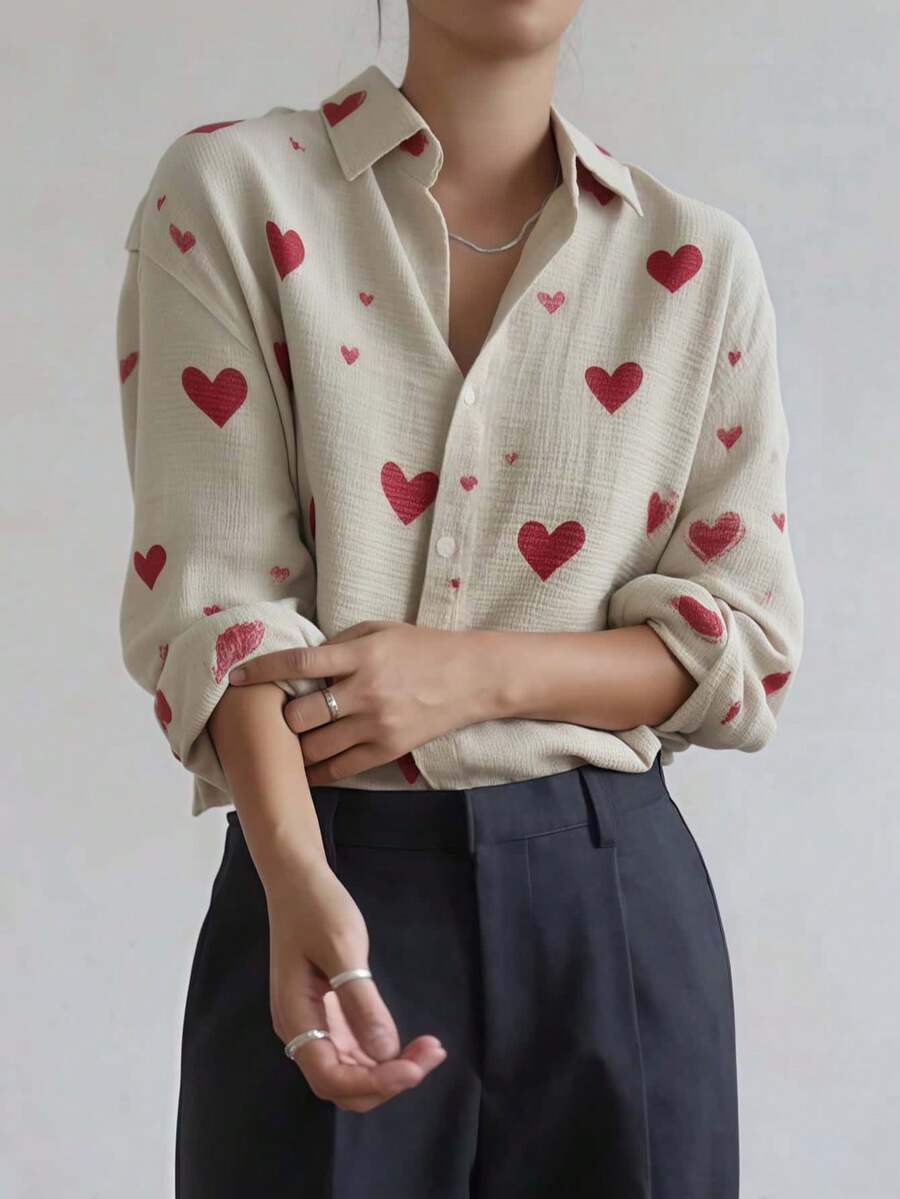 Women's Woven Fabric Heart Print Blouse With Shirt Collar And Long Regular Sleeves Button Detail Top Fall Clothes For Women Shirts