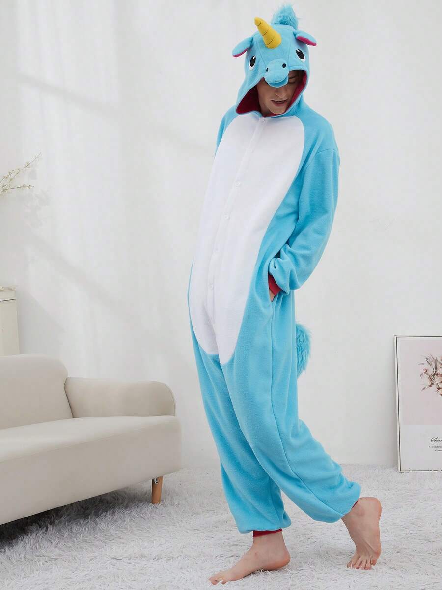 Men Funny Animal One-Piece Pajamas With Pockets And Hood, Machine Washable, Perfect For Christmas Or Casual House Wear, Unisex Funny Pajamas, Can Be Worn Outside.