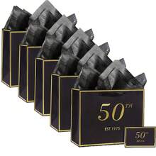 1set/3sets/5sets,Black And Pink 50th Birthday Gift Bag With Card And Tissue Paper For Men Women, Elegant Black Gold Anniversary Keepsake Party Present Shopping Paper Bags For Gifts Wrapping