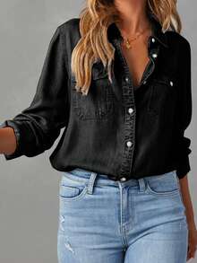 Women Denim Shirts Solid Color Turn Down Collar Long Sleeve Jean Blouses Spring Loose Casual Tops Streetwear Vestidos Casuales - Black - View 1