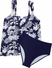 High Waisted Ruffle Tankini Swimsuit Plus Size Tummy Control - Navy Blue Leaf - View 7