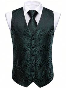Formal Men Vest V-Neck Suit Vests Tie Bowtie Set Paisley Jacquard Waistcoat Clip Hanky Cufflink Lapel Pin Wedding 8PCShalloween - 綠色佩斯利花紋 - 查看 7
