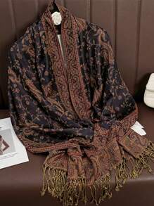 1 件女士佩斯利花纹和花卉刺绣波西米亚风格头巾围巾，复古休闲防晒披肩，适合日常穿着，秋冬