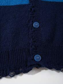 ANDREILEE Plaid V-Neck Long Sleeve Dropped Shoulder Letter Print Casual Loose Unisex Button-Up Cardigan, Suitable For Spring, Autumn, Winter - Blue - View 9