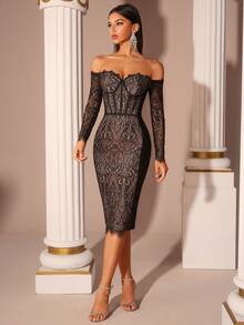 Women's Elegant Lace Sweetheart Neck Off Shoulder Long Sleeve Backless Bandage Cocktail Party Dress